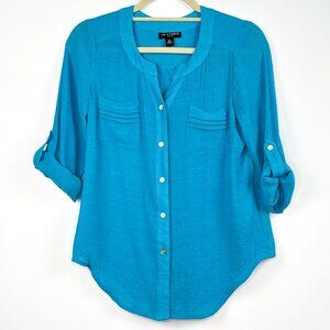 I.N. Studio | Teal Roll-Tab Sleeve Blouse Top | Pocket Detail | Size PS
